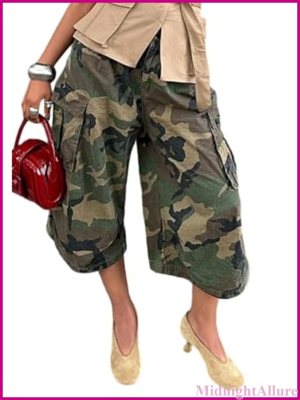 High Waist Camo Cargo Jeans Cropped Wide Leg Baggy Capris Pants